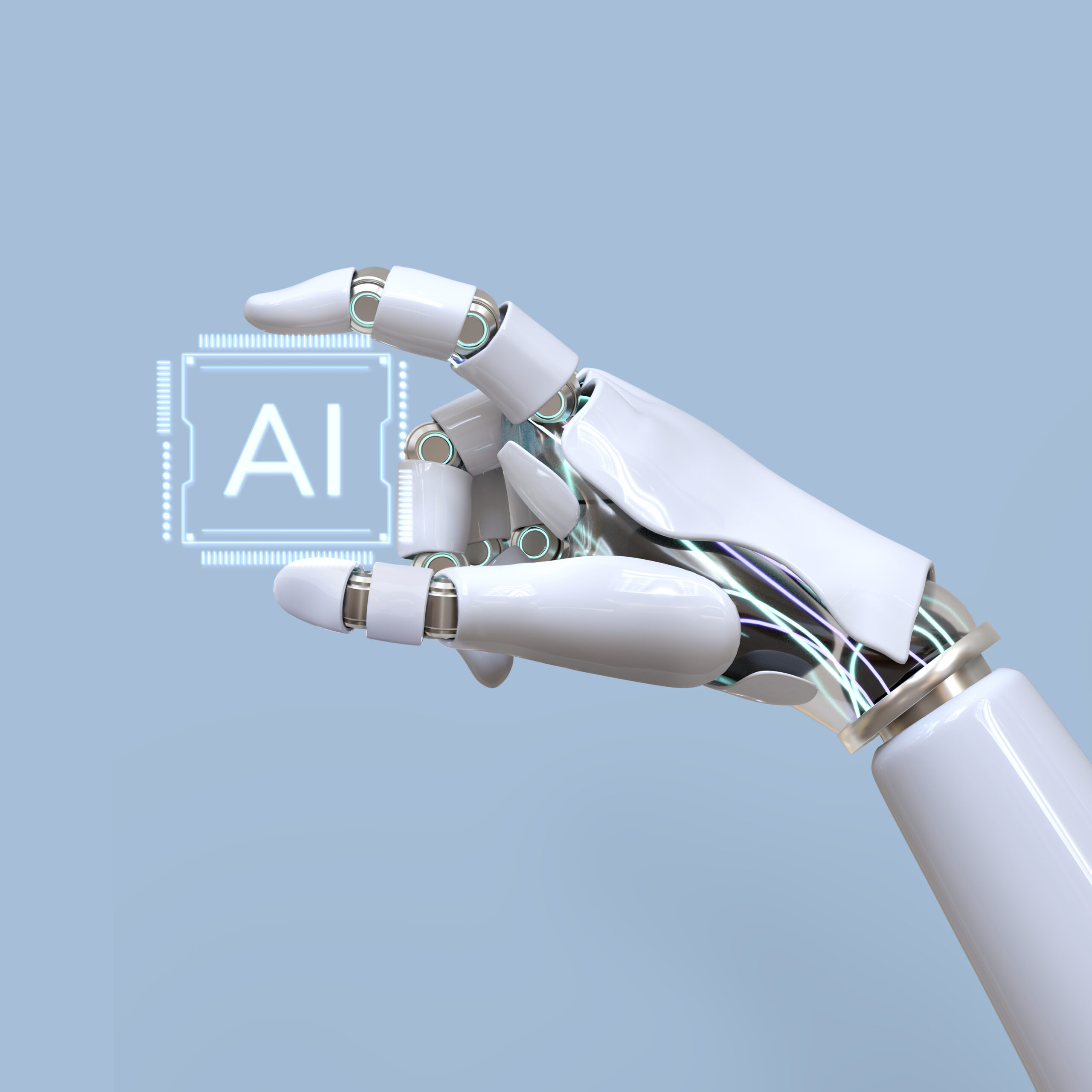 Main robotique tenant une puce numérique d’IA, conçue pour être intégrée aux infrastructures.