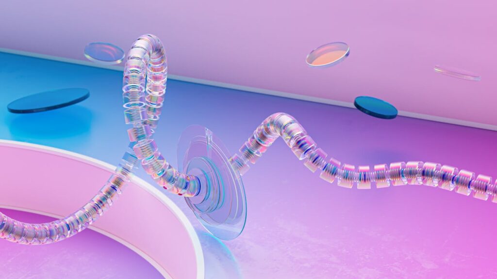 Illustration 3D futuriste d’une structure flexible translucide en spirale avec des disques flottants, sur un fond dégradé rose et bleu, évoquant la technologie, l’innovation et l'IA.